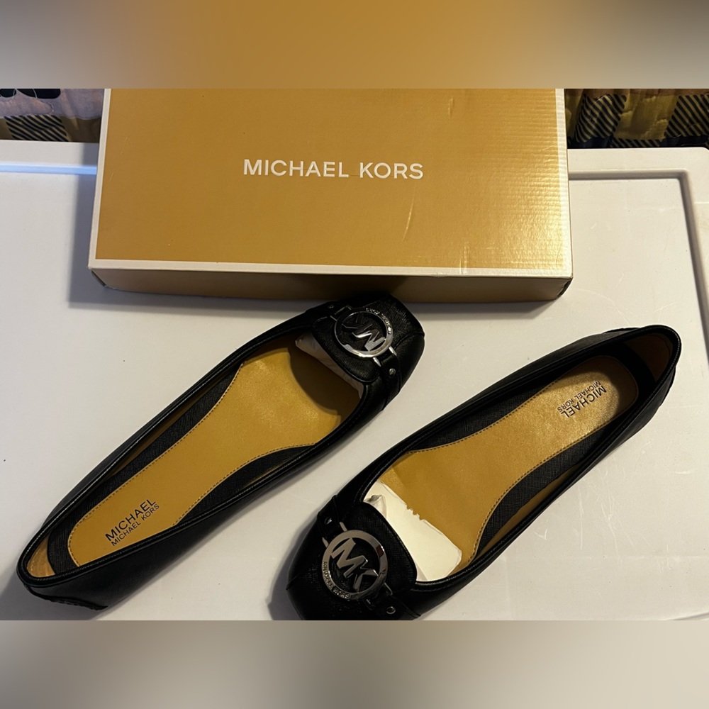 Michael Kors Black Leather MK Logo Ballet Flats